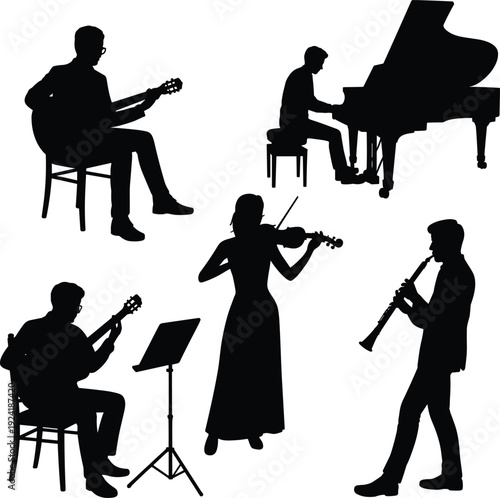 Musicians silhouette set featuring guitar, piano, violin, and clarinet players, classical music performance and orchestra practice concept, black vector illustration isolated on white