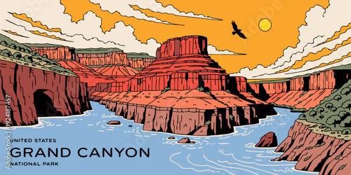 USA Vintage National Park Style Grand Canyon SVG – Retro Southwest United States Vector, Scenic Desert Landscape Illustration for Wall Art and Apparel