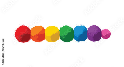Seven fuzzy textured balls in a rainbow color sequence are arranged in a horizontal row against a plain white background in a graphic style.