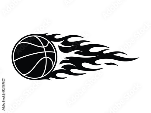 Dynamic silhouette of a basketball engulfed in flames, representing action, speed, and intensity in sports.