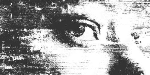 Close up of a textured black and white human eye with visible eyelashes and iris details macro