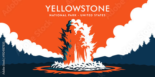 USA Retro Geyser Eruption Travel Poster SVG – Vintage Yellowstone United States Vector, Scenic National Park Illustration for Wall Art and Decor