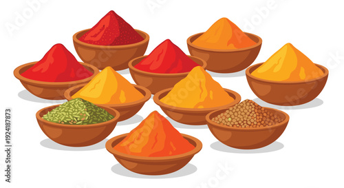 Eleven wooden bowls filled with vibrant red orange yellow and green powdered spices and brown seeds are arranged in a cluster on a white background.