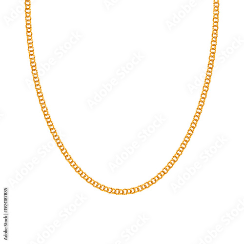 Close up of a simple gold chain necklace against a clean white background