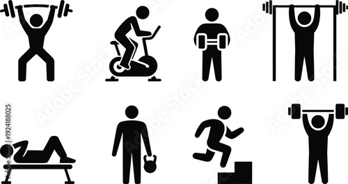 Various fitness activities and exercises represented by simple black silhouettes on a white background.