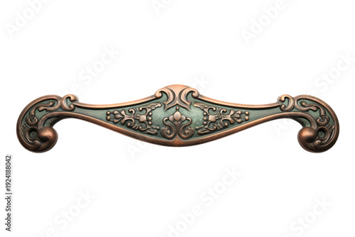 An intricately designed vintage drawer handle with ornate details on transparent background