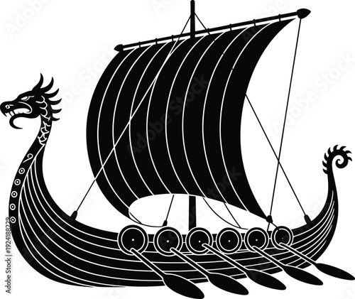 Viking longship silhouette with dragon head and sail, ancient Norse war ship illustration, medieval Scandinavian boat icon, black vector design isolated on white