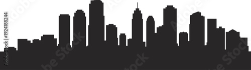 Black silhouette city skyline vector illustration featuring tall skyscrapers, urban architecture, metropolitan buildings, modern cityscape design, isolated white background.