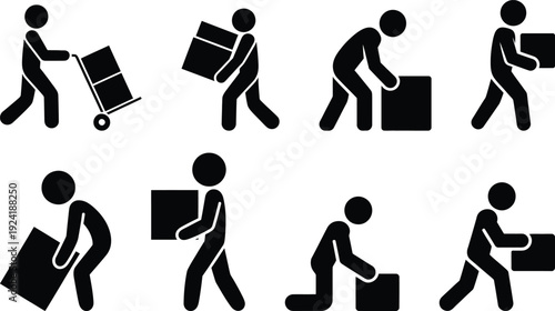 A series of stick figures moving boxes in various ways, illustrating different methods of manual handling.