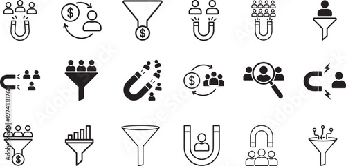 Lead generation icon set with marketing funnel, target audience, CRM, and conversion symbols