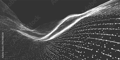 White particle wave flowing across dark background with scattered dots abstract black