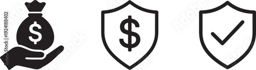 Hand drawn line art financial security icon set with shield, lock, bank, and insurance symbols