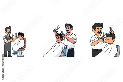 Barber Cutting Hair in Various Situations – Indoor and Outdoor Haircut Vector Illustration Set 