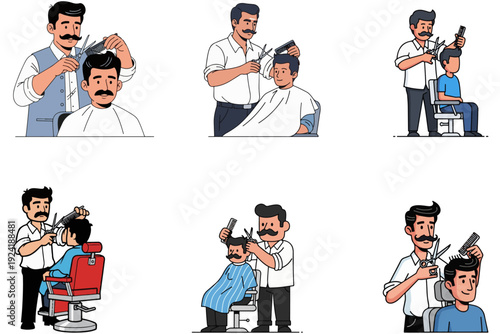 Barber Cutting Hair in Various Situations – Indoor and Outdoor Haircut Vector Illustration Set 