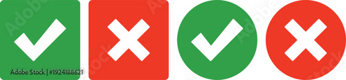 A series of green checkmarks and red crosses on square and circular backgrounds.