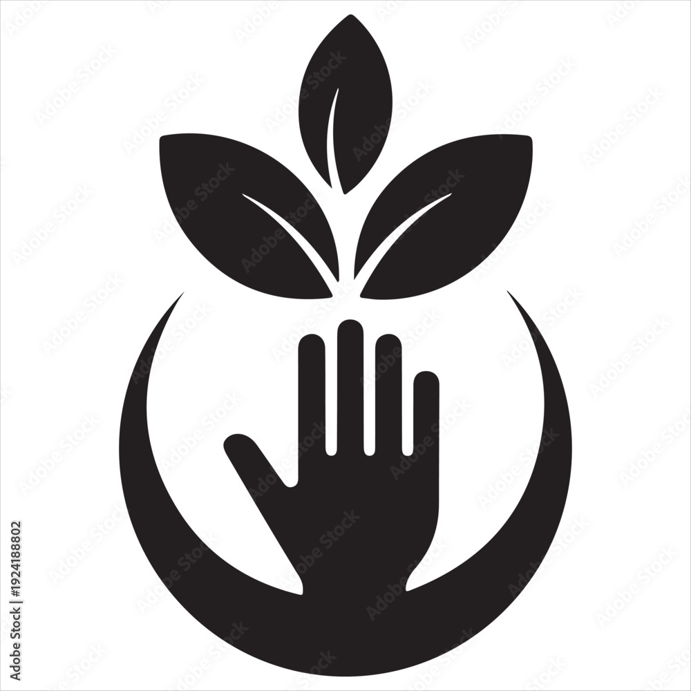 Fototapeta premium Hand and Leaves Icon Symbolizing Care palm open hand