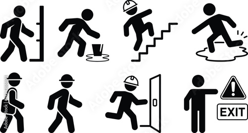 Series of stick figures illustrating various emergency evacuation scenarios and safety procedures.