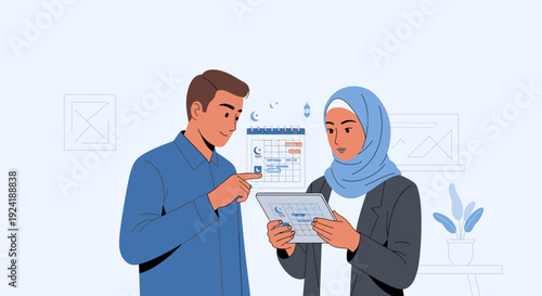 Two colleagues discussing business data on tablet.