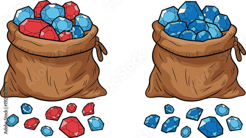 Vector illustration of gemstone sacks with red and blue jewels, shiny faceted stones scattered, decorative treasure concept for design and education