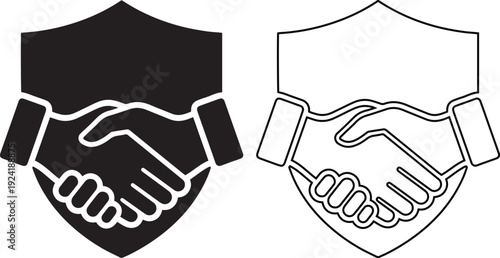 Professional handshake icon on a protection shield background for securing business agreements, legal contracts, corporate trust, and reliable partnership verification services.
