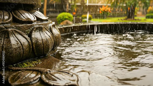 Stone Fountain Water Droplets Falling Into Rippling Pool Lush Green Garden Background Soft Sunlight Warm Tones