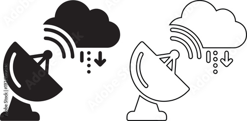 Satellite dish transmitter communicating with a cloud network for global data transfer and wireless telecommunications projects illustrating high speed internet and signal broadcasting.