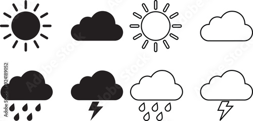 Professional weather forecast icon set for meteorological reporting and mobile app interface design illustrating sunny skies, cloudy conditions, rainfall, and thunderstorm alerts.