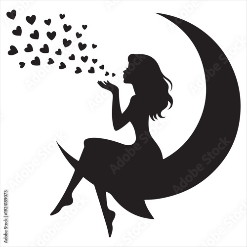 Silhouette of woman on moon blowing hearts into the night sky
