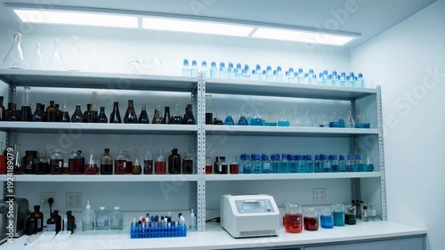 A laboratory shelf stocked with various colorful liquids and glassware on a white background