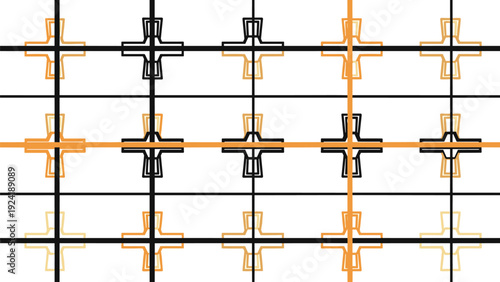 Modern geometric pattern features a grid of overlapping black and orange cross shapes creating a structured and minimal design.