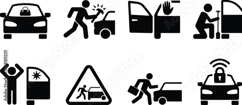 Vehicle safety icons representing various accident and injury scenarios.