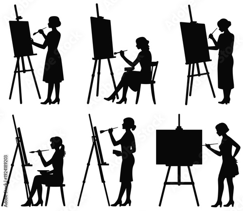 Female artist silhouettes painting on easels vector illustration showing creative postures, artistic expression, art class activity, isolated background design.