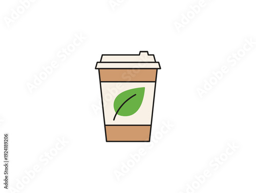A cartoon style illustration of a disposable coffee cup with a green leaf on its sleeve