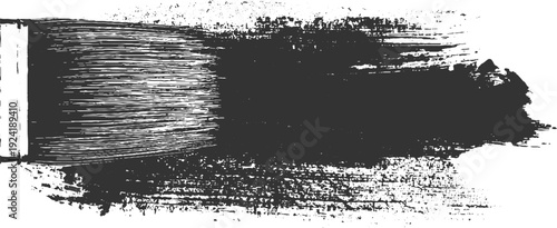 Dark grey paint brush stroke with horizontal lines and textured edges on white background