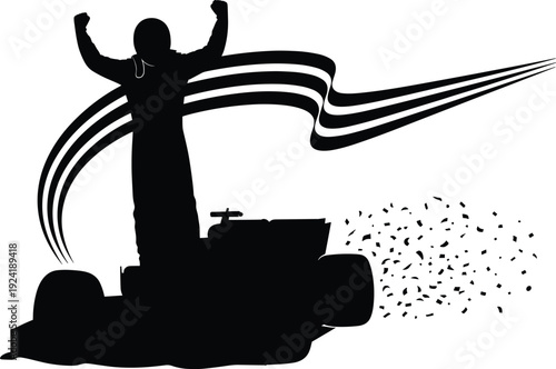 Go kart racing winner silhouette celebrating victory, motorsport driver standing on kart with dynamic speed lines vector illustration design