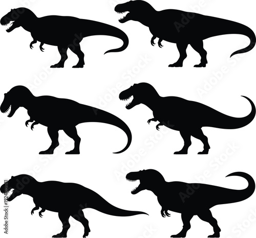 Tyrannosaurus rex dinosaur silhouettes set showing prehistoric reptile poses isolated on white background ancient wildlife fossil creature black vector illustration