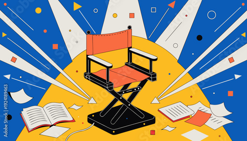 Very beautiful director chair on illuminated stage with scattered scripts and dramatic spotlights capturing the dynamic energy of film production and creative storytelling.
