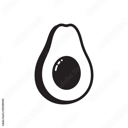 Black and white illustration of avocado cut in half showing pit  simple food icon