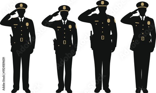Police officer silhouette set showing law enforcement uniform, salute gesture, security service, authority, protection concept