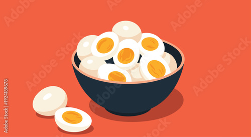 A large bowl filled with delicious hard-boiled eggs, some of which are sliced in half to show the yellow yolk inside.