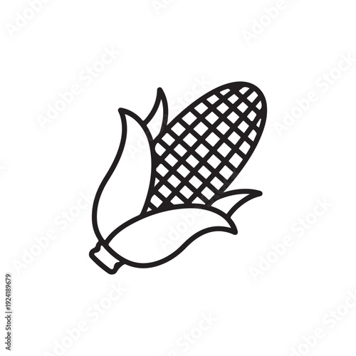 Black and white illustration of corn on the cob with leaves  simple line drawing of maize ear with husk and leaves  food icon