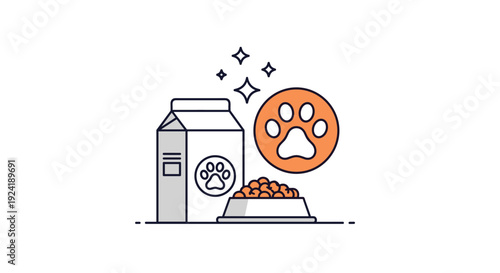 Line art icon representing pet nutrition, with a bag of dry pet food, a full bowl, and a paw print symbol.