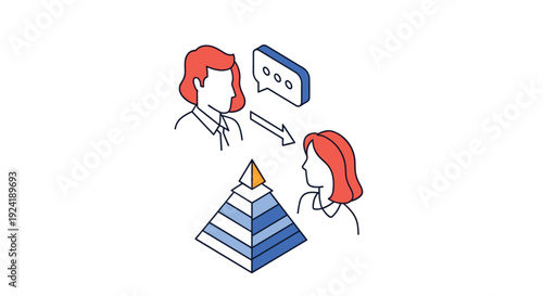 Concept of mentorship or coaching, showing one person giving advice to another, illustrated with a pyramid representing structure.