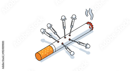 A powerful conceptual illustration of a lit cigarette being injected with multiple syringes, symbolizing smoking addiction and health dangers.