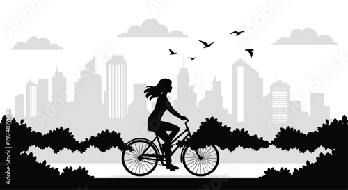 A striking black and white silhouette of a woman riding a bicycle through a park, with a modern city skyline visible in the background.