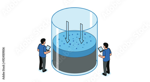 An isometric illustration of two scientists analyzing the process of sedimentation in a large beaker, observing particles settling in a liquid.