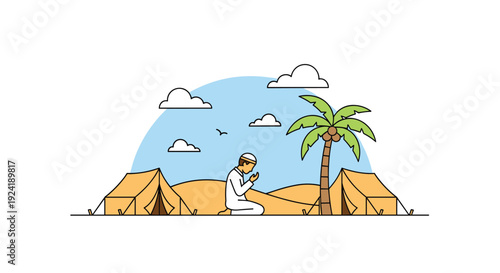 An illustration of a Muslim man in traditional clothing performing Salah prayer in the desert, with tents and a palm tree under a blue sky.