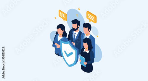 An isometric illustration of a business team protected by a large shield with a checkmark, symbolizing corporate insurance and employee benefits.