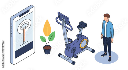 An isometric concept of a smart gym or fitness app, showing a man, an exercise bike, and a smartphone with a digital access key icon.