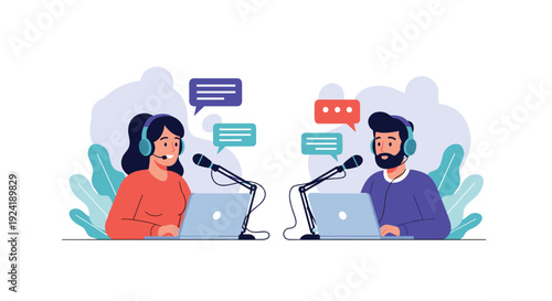 Two podcast hosts, a man and a woman, recording an online show from their laptops, wearing headphones and speaking into microphones.